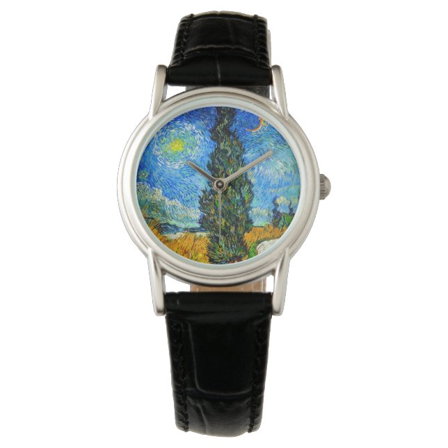 Van Gogh Road mit Cypress und Star Armbanduhr (Vorderseite)