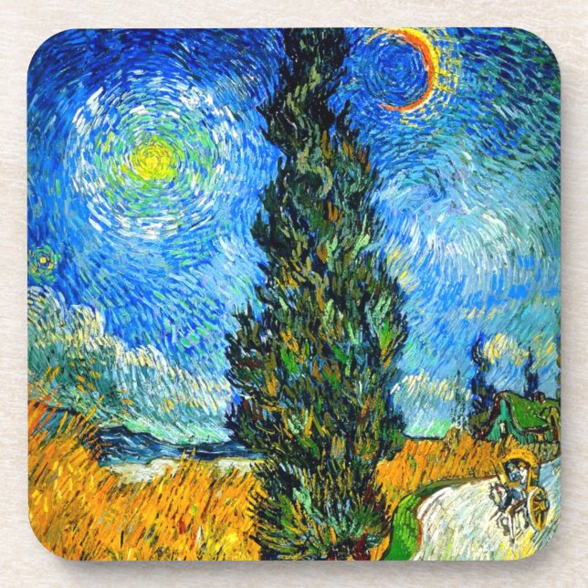 Van Gogh Road mit Cypress und Star Getränkeuntersetzer (Vorderseite)