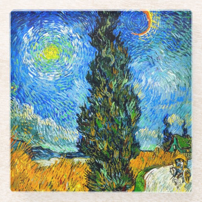 Van Gogh Road mit Cypress und Star Glasuntersetzer (Vorderseite)