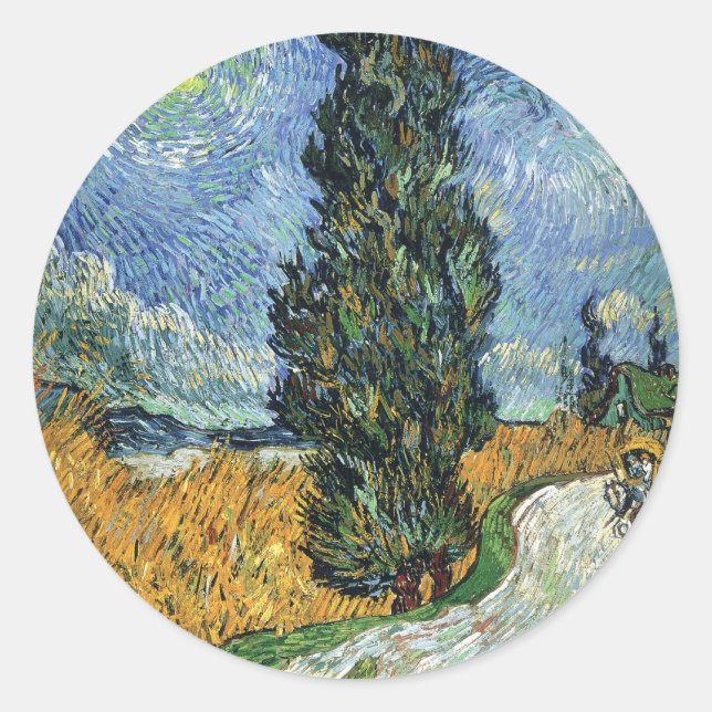 Van Gogh Road mit Cypressionismus Runder Aufkleber (Vorderseite)