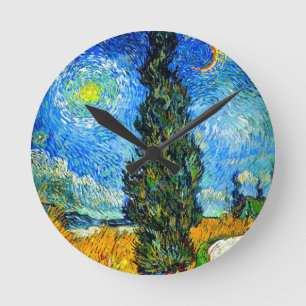Van Gogh Road with Cypress and Star Runde Wanduhr