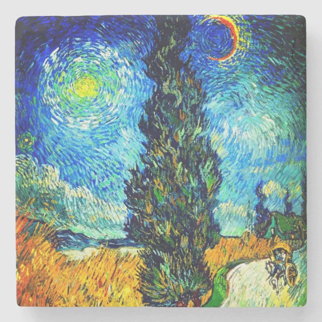 Van Gogh Road with Cypress and Star Steinuntersetzer (Vorderseite)