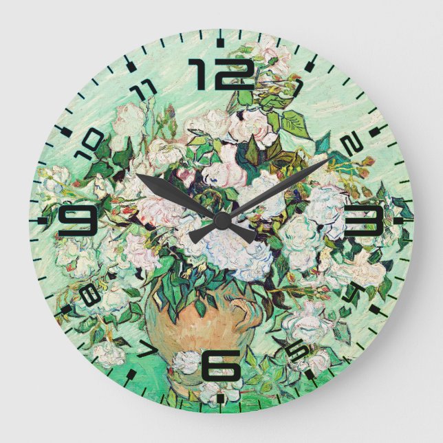 Van Gogh Roses Wall Clock – Mint Elegance Große Wanduhr (Vorderseite)