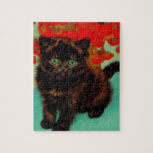 Van Gogh Schwarze Katze Rote Blumen Puzzle (Vertikal)