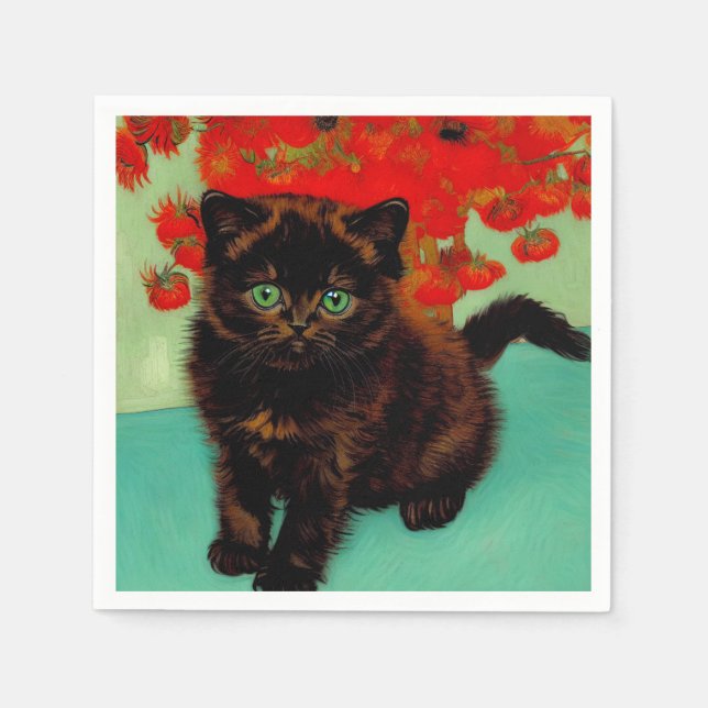 Van Gogh Schwarze Katze Rote Blumen Serviette (Vorderseite)