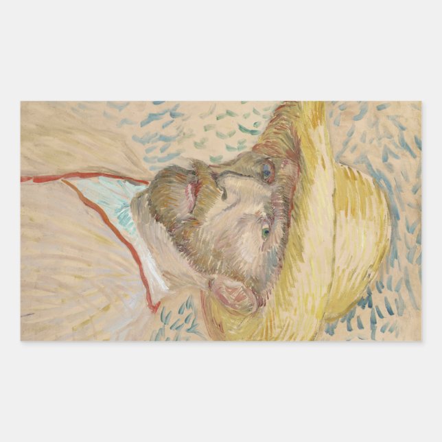 Van Gogh Selbstportrait mit Strohhut Rechteckiger Aufkleber (Vorderseite)