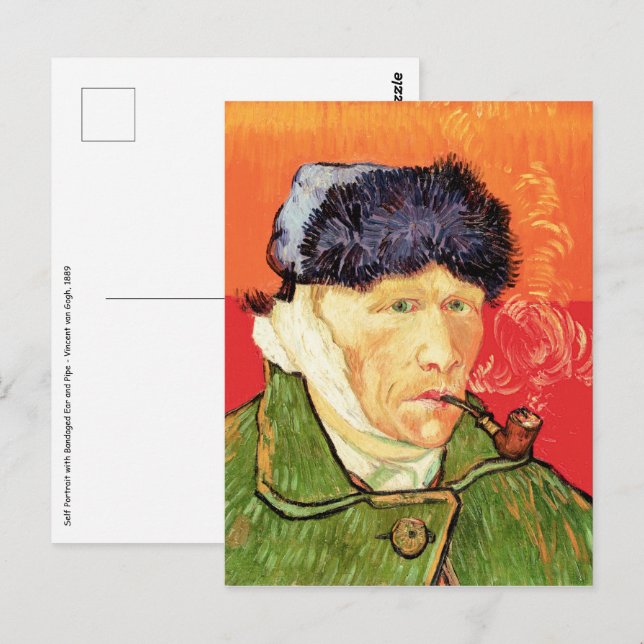 Van Gogh - Selbstportrait mit verbündetem Ohr & Ro Postkarte (Vorne/Hinten)
