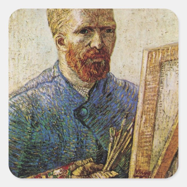 Van Gogh Self Portrait vor Easel Quadratischer Aufkleber (Vorderseite)