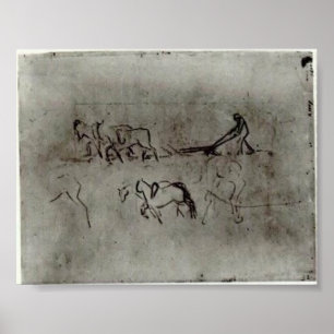 Van Gogh - Skizzen des Bauers pflügend mit Pferden Poster