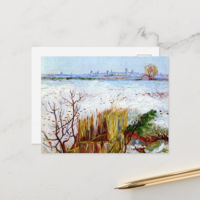Van Gogh-Snowy Landschaft mit Arles im Hintergrund Postkarte (Vorderseite/Rückseite Beispiel)