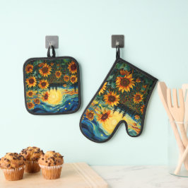 Van Gogh Sonnenblumen Gemälde Ofenhandschuh & Topflappen-Set