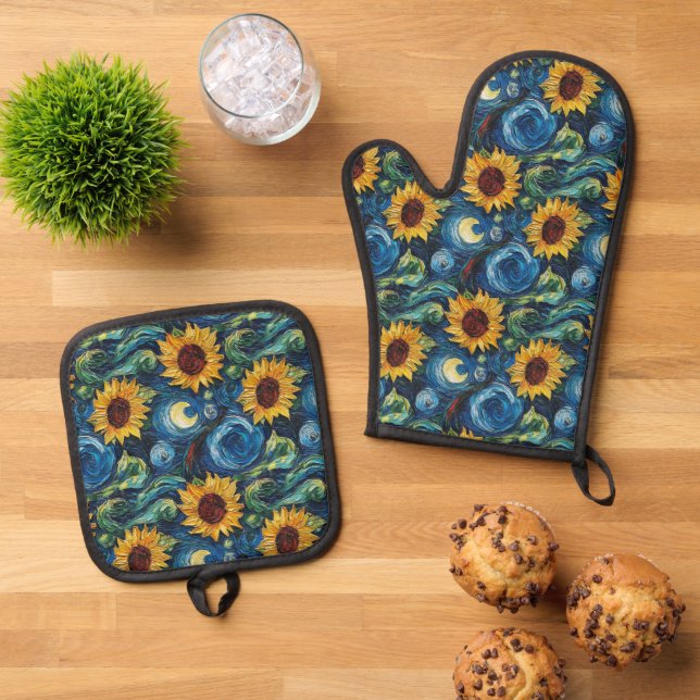 Van Gogh Sonnenblumen und Sternennacht Ofenhandschuh & Topflappen-Set (Oben Unten)