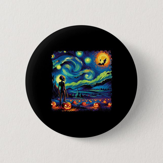 Van Gogh Starry Night Alien Man Halloween Fall Pum Button (Vorderseite)