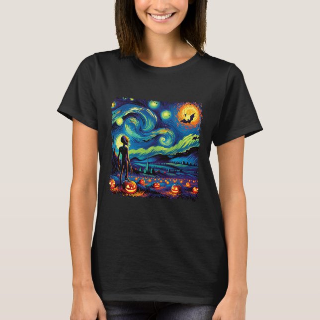 Van Gogh Starry Night Alien Man Halloween Fall Pum T-Shirt (Vorderseite)