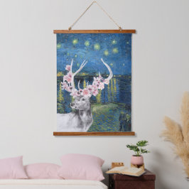 Van Gogh Starry Night and Blume Stag Compilation Wandteppich Mit Holzrahmen