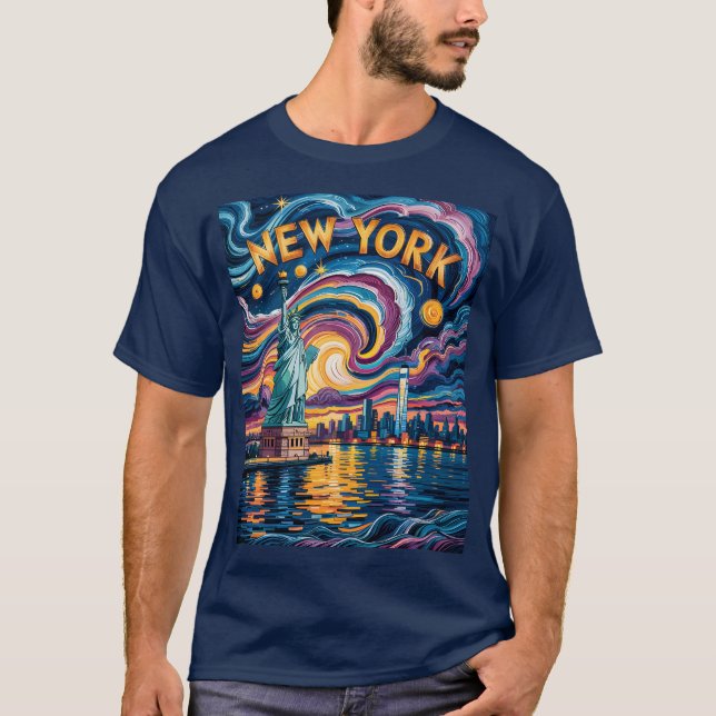 Van Gogh Starry Night Art New York Liberty Skyline T-Shirt (Vorderseite)