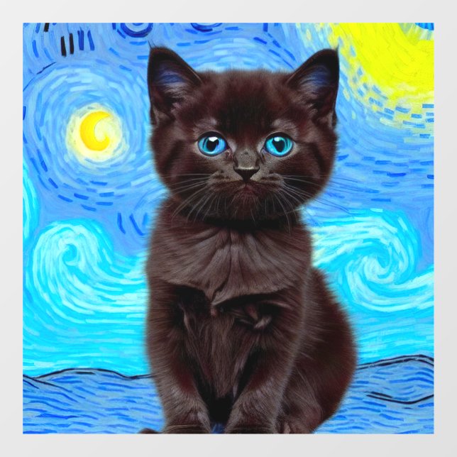 Van Gogh Starry Night Black Cat Fensteraufkleber (Blatt)