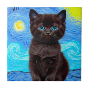 Van Gogh Starry Night Black Cat Fliese
