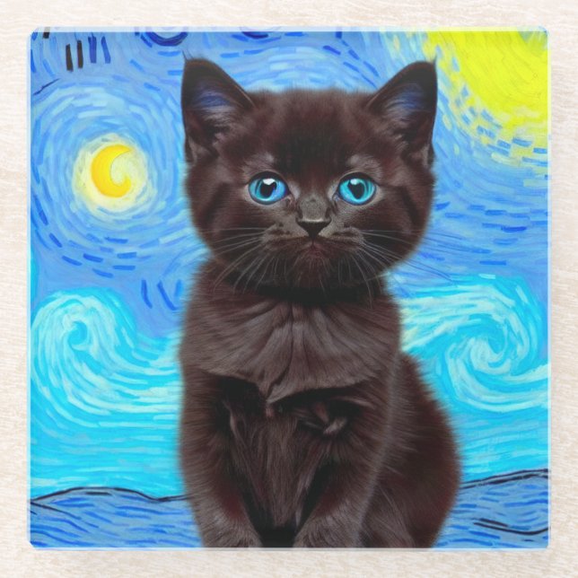 Van Gogh Starry Night Black Cat Glasuntersetzer (Vorderseite)