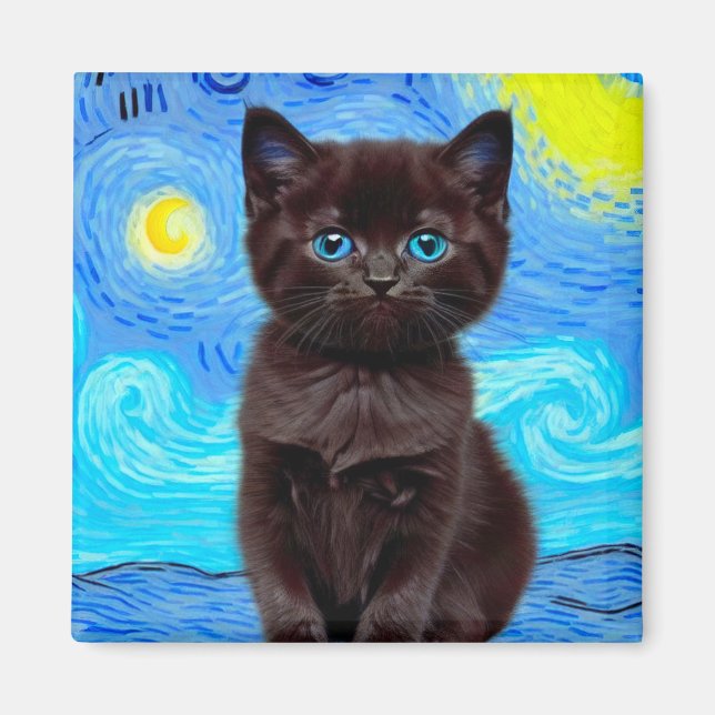 Van Gogh Starry Night Black Cat Magnet (Vorne)