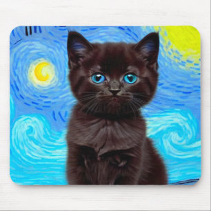 Van Gogh Starry Night Black Cat Mousepad