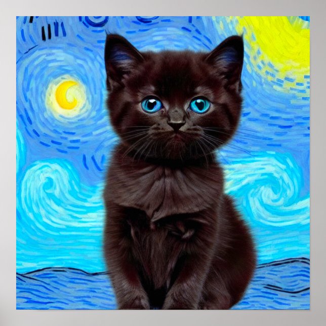 Van Gogh Starry Night Black Cat Poster (Vorne)