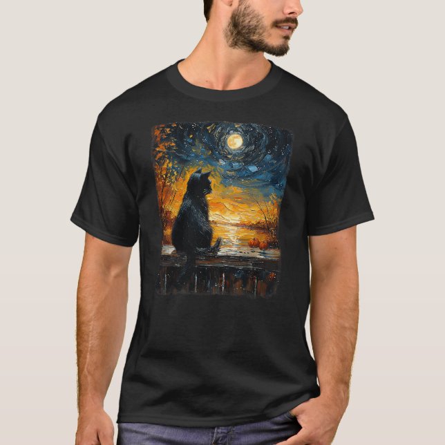 Van Gogh Starry Night Black Cat Pumpkins Funny Hal T-Shirt (Vorderseite)
