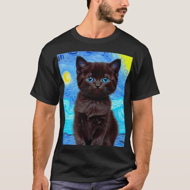 Van Gogh Starry Night Black Cat T-Shirt (Vorderseite)
