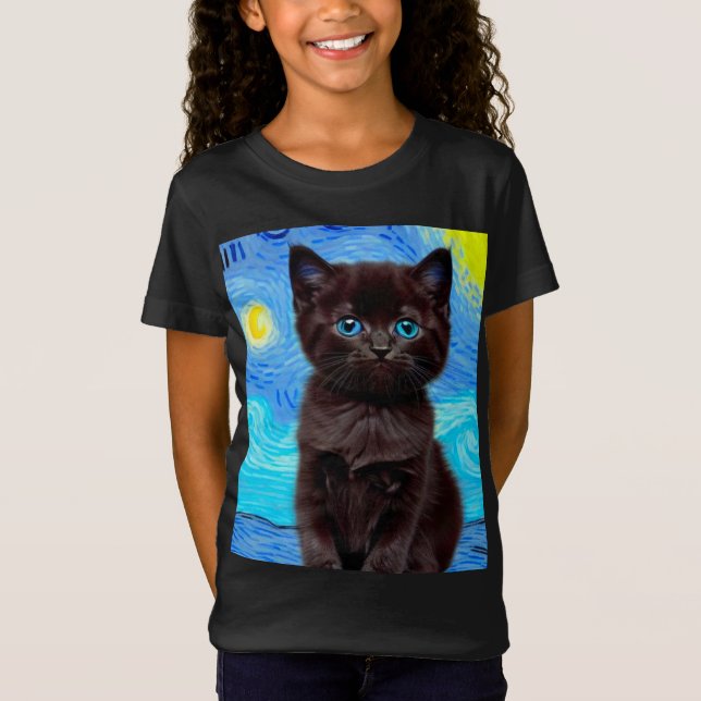 Van Gogh Starry Night Black Cat T-Shirt (Vorderseite)