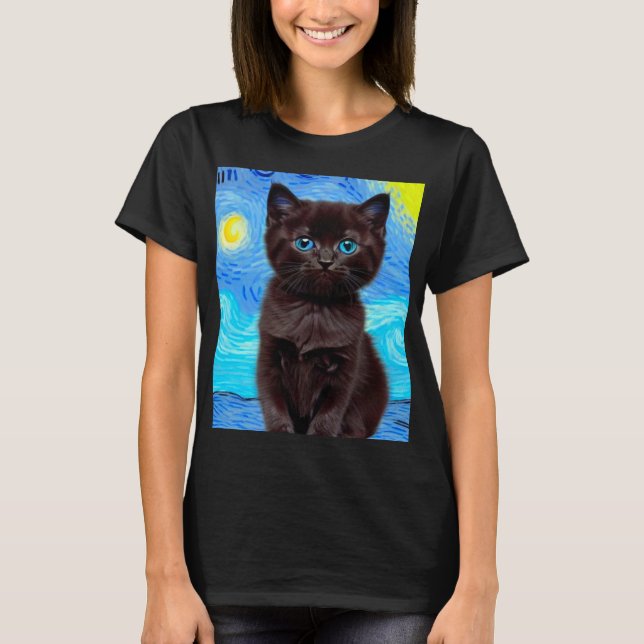 Van Gogh Starry Night Black Cat T-Shirt (Vorderseite)