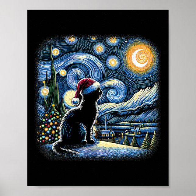 Van Gogh Starry Night Cat Funny Black Cat Christma Poster (Vorne)