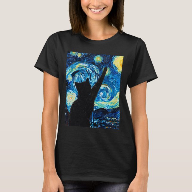 Van Gogh Starry Night Cat Lover Kitten T-Shirt (Vorderseite)