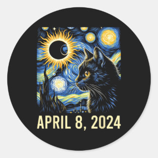 Van Gogh Starry Night Cat Total Solar Eclipse Apri Runder Aufkleber