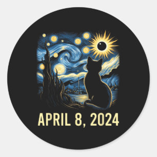 Van Gogh Starry Night Cat Total Solar Eclipse Apri Runder Aufkleber