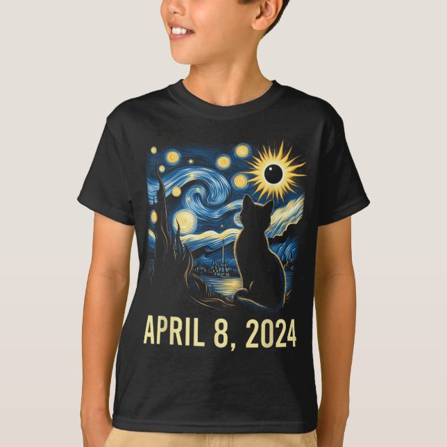 Van Gogh Starry Night Cat Total Solar Eclipse Apri T-Shirt (Vorderseite)