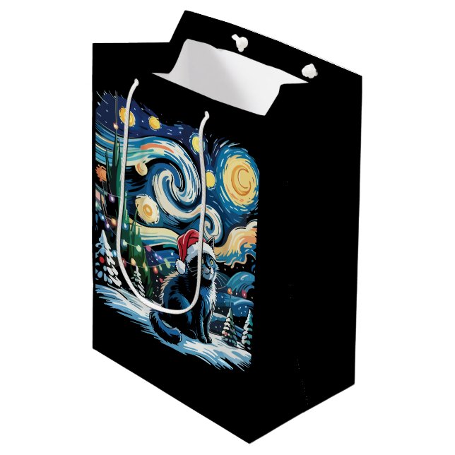 Van Gogh Starry Night Festivals Black Cat Mittlere Geschenktüte (Vorderseite Schrägansicht)