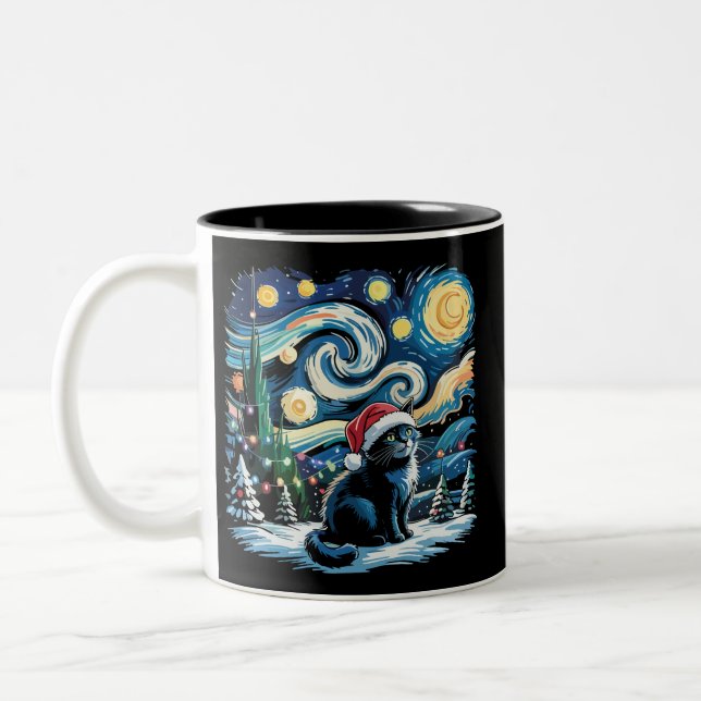 Van Gogh Starry Night Festivals Black Cat Zweifarbige Tasse (Links)