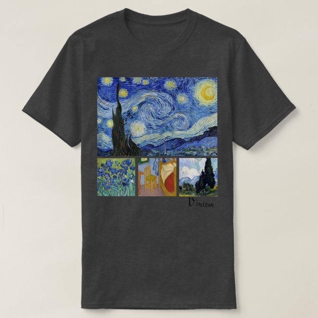 Van Gogh Starry Night, Irises, Room with Chair, an T-Shirt (Design vorne)