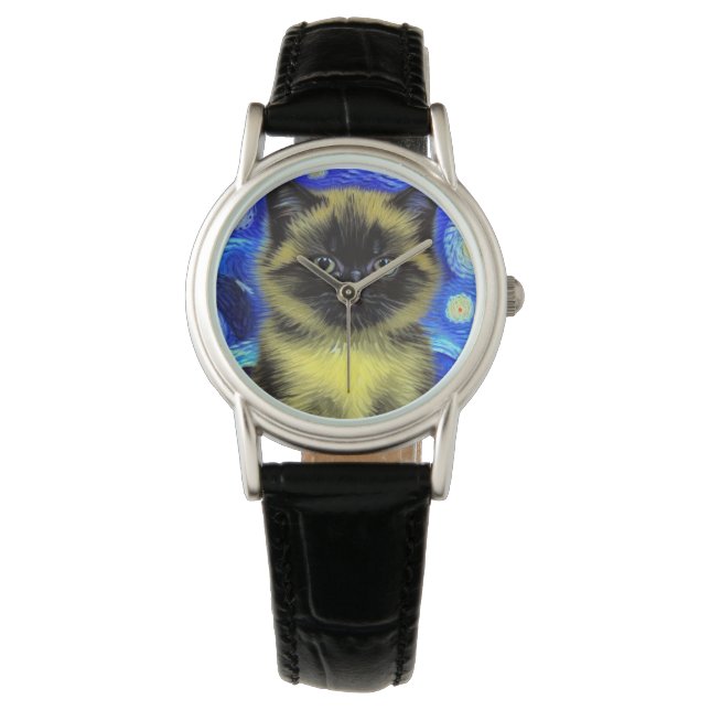Van Gogh Starry Night Siamese Cat Armbanduhr (Vorderseite)