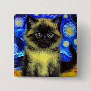 Van Gogh Starry Night Siamese Cat Button