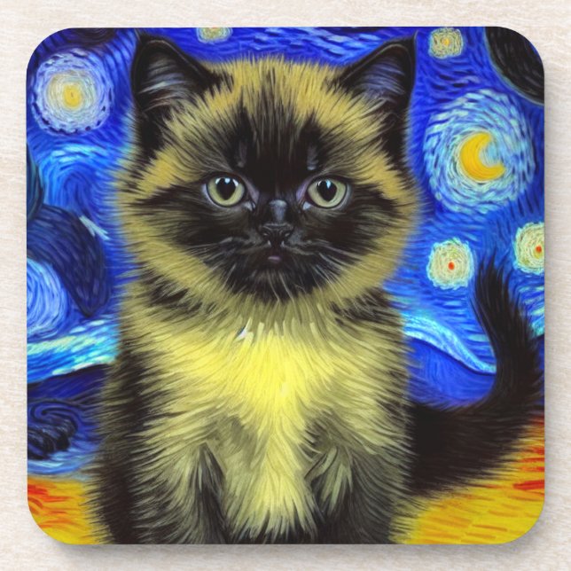 Van Gogh Starry Night Siamese Cat Getränkeuntersetzer (Vorderseite)
