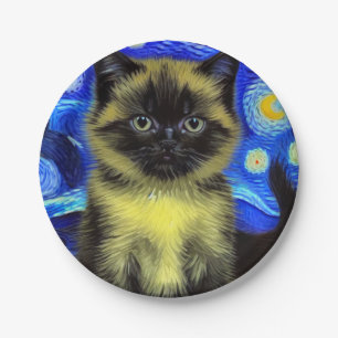 Van Gogh Starry Night Siamese Cat Pappteller