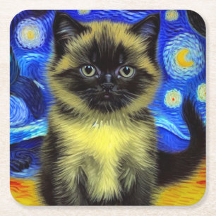 Van Gogh Starry Night Siamese Cat Rechteckiger Pappuntersetzer