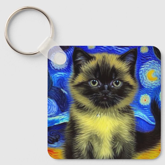 Van Gogh Starry Night Siamese Cat Schlüsselanhänger (Vorderseite)
