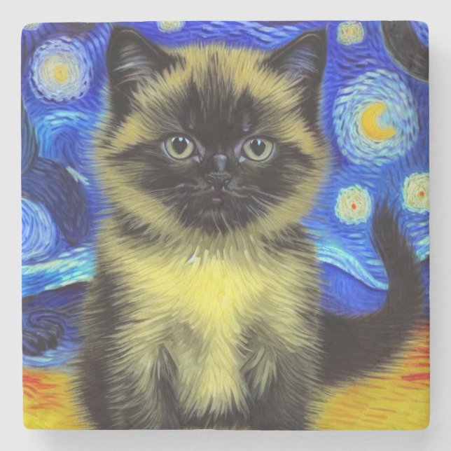 Van Gogh Starry Night Siamese Cat Steinuntersetzer (Vorderseite)