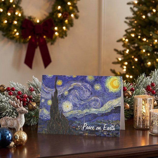 Van Gogh Starry Night, Vintage Weihnachten (Easy to customize Christmas Card featuring Starry Night by Vincent van Gogh. Peace on Earth.)