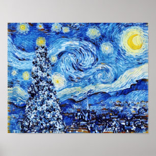 Van Gogh Starry Night - White Christmas Tree Poster