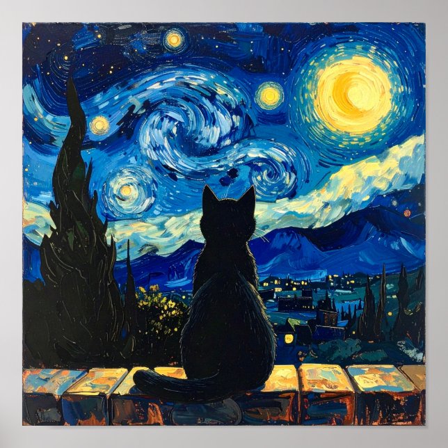 Van Gogh Starry Night with Black Cat Poster (Vorne)