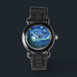 Van Gogh Sternennacht Armbanduhr<br><div class="desc">Van Goghs berühmtes Gemälde "The Starry Night". In den 1880er Jahren, als er während seines bleibe am Asyl von Saint Remy bemalt wurde, stellte van Gogh die sanften Hügel und Zypressen dar, die er aus seinem Fenster sah. Digitale Verstärkung durch PixDezines. Copyright © 2008-2016 PixDezines.com™ und PixDezines™ auf zazzle.com. Alle...</div>