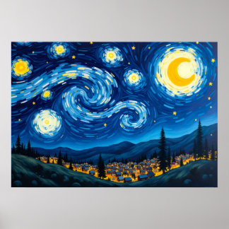 Van Gogh Sternennacht Inspirierter Wirbelnder Himm Poster